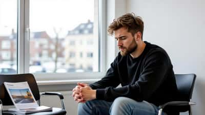 Ung mand i venteværelse på klinik, synligt angst, illustrerer mental sundhed og behov for hjælp