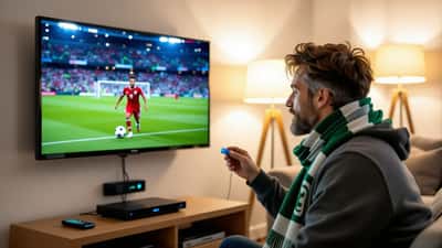 Fan in a green scarf plugging a streaming stick into a TV showing a live soccer match in a US living room