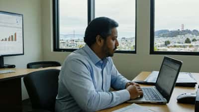 Gerente de TI hispano revisando dashboard de CRM en laptop con gráfica de caída, ilustrando la crisis de Salesforce en 2026