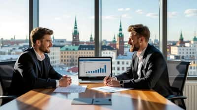 Nuori jalkapalloilija ja varainhoitaja neuvottelevat investointisuunnitelmasta modernissa Helsingin toimistossa