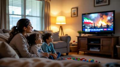 Madre latina angustiada mirando noticias de la guerra en Irán en televisión mientras sus hijos están al fondo