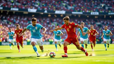 Fotbollsspelare från Uruguay och Spanien i en landskamp på solbelyst plan 2026