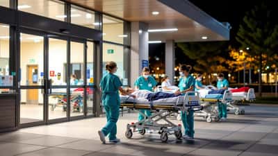 Brancards devant les urgences d'un hôpital français bondé, infirmière en blouse soignant un patient à l'extérieur