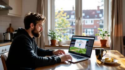 Man in London flat looking at cricket streaming error on laptop with VPN app open