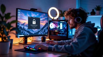 Young Twitch streamer at a night-time gaming desk viewing an account security warning on their monitor