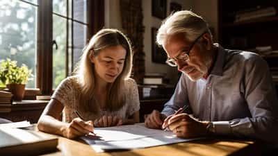 Un homme âgé et sa fille examinent des documents de succession dans un bureau notarial à Zurich
