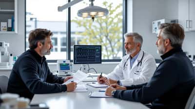 Former elite swimmer reviewing nerve conduction study results with a neurologist in a Melbourne neurology clinic