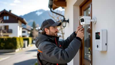 Technicien installant une caméra de sécurité au-dessus de la porte d'une maison suisse