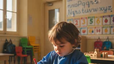 Enfant en classe de maternelle apprenant à écrire, nouveaux programmes 2026