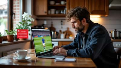 Tifoso napoletano davanti a laptop con avviso di sicurezza sullo schermo durante la ricerca di uno streaming pirata