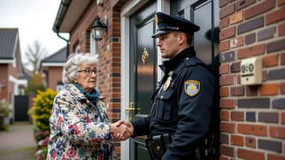 Oudere vrouw bij voordeur van Kerkrade woning tegenover nepagent die om geld vraagt