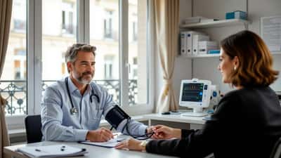 Médecin mesurant la tension artérielle d'un patient d'une cinquantaine d'années dans un cabinet médical parisien