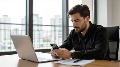Homem preocupado analisando extrato bancário com transações Pix no smartphone em escritório doméstico em São Paulo