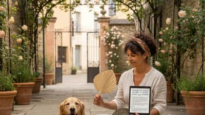 Propriétaire française s'occupant de ses chiens et chats à l'ombre dans un jardin de Lyon en été