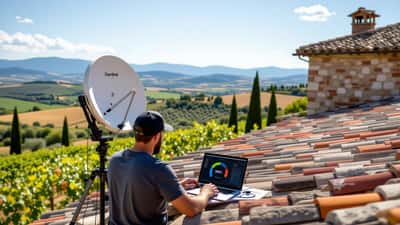 Uomo installa parabola Starlink su tetto di casa colonica in Toscana con colline sullo sfondo
