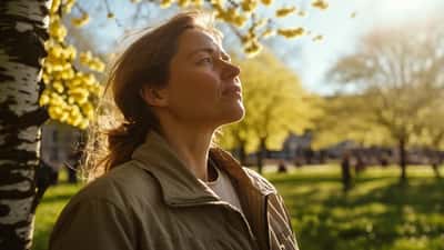 Kvinde i dansk park med blomstrende birketræer, nys på grund af pollenallergi, april 2026