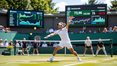Young professional tennis player serving at Wimbledon with analytics and finance dashboard overlay