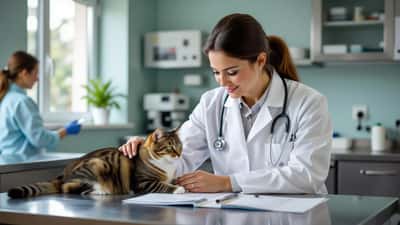 Female veterinarian examining a tabby cat on an examination table at a UK veterinary clinic