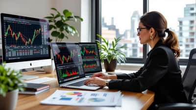 Canadian investor reviewing Dow Jones stock charts and legal documents on laptop in Toronto home office