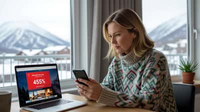 Kvinne sjekker skeptisk et rødt værvarsel på mobilen ved vinduet i en norsk leilighet