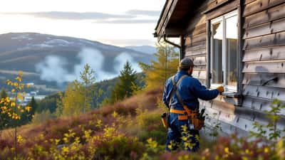 Håndverker inspiserer trebygning på ås med skogbrannrøyk i bakgrunnen