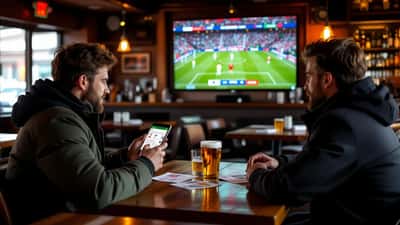 Man in a Canadian sports bar checking a France vs Spain World Cup bet on a sports-betting app