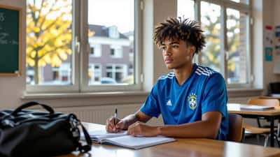 Jonge internationale voetballer studeert in een Nederlandse klas met schoolboeken en voetbaltas
