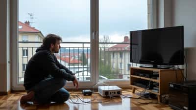 Homme agenouillé devant une multiprise grillée après un orage à Strasbourg, ciel d'orage visible par la fenêtre