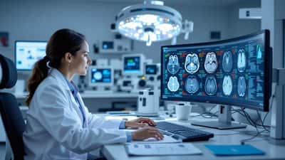 Radiologista brasileira analisa imagens de TC com marcações de IA em monitor em hospital de São Paulo