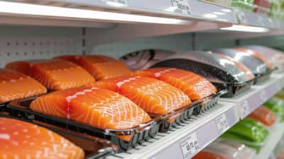 Barquette de saumon fumé tranché sur un rayon réfrigéré de supermarché suisse