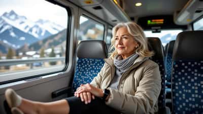 Passagère dans un autocar suisse tenant sa jambe gonflée, bas de contention médical visible — risque de thrombose lors d'un long trajet en reisebus