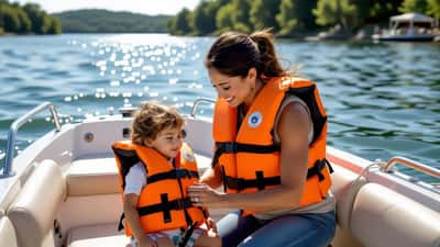Madre hispana ajustando chaleco salvavidas naranja en niño pequeño en un bote en lago de Texas