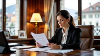 Femme consultant des documents de répudiation de succession et avis de poursuites dans une étude notariale à Genève