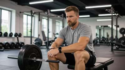 Suomalainen kuntoilija istuu uupuneena kuntosalin penkillä älykellon näyttäessä kohonnutta sykettä, Helsinki 2026