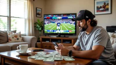 Hombre latino estresado mirando app de apuestas NFL en su teléfono con dinero en efectivo sobre la mesa