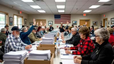 Volunteers counting paper delegate ballots at a rural Maine Democratic county caucus