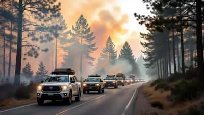 Convoi de voitures dans la fumée lors des évacuations des feux de forêt en Gironde, juillet 2026