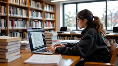 University student reviewing an essay draft and revision history on a laptop in a campus library