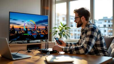 IT specialist checking router and Ethernet cable before Premier League stream in Canadian apartment