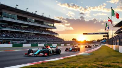Monoposto di Formula 1 in qualifica al tramonto con pubblico e bandiere italiane sullo sfondo