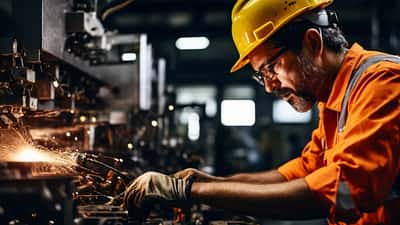Engenheiro de TI monitorando braço robótico em linha de produção industrial no Brasil