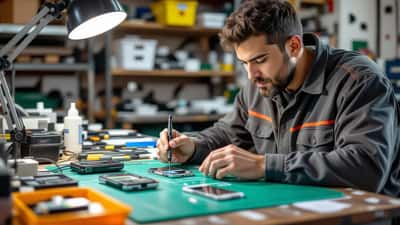Técnico en electrónica reparando un teléfono con destornillador en un taller independiente