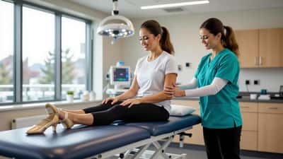Woman in dance attire being examined by a physiotherapist in a modern Canadian clinic