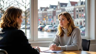 Vrouw in psycholoog-consult in Amsterdam, licht door raam, notitieboek op tafel