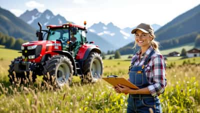 Landtechnik-Mechaniker prüft den Überrollbügel eines Traktors auf einer steilen Wiese in Vorarlberg