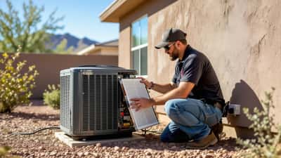 HVAC technician pulling a dust-caked air filter from a Phoenix home air conditioner after a haboob