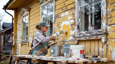 Restaurointimaalari entisöi vanhan puutalon julkisivua telineillä