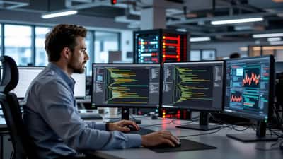 IT security analyst reviewing network breach logs on dual monitors in a corporate security operations center