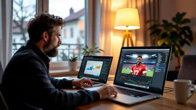 Mann prüft auf einem Laptop ein verdächtiges Deepfake-Video mit Krypto-Anlagewerbung