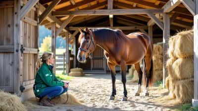 Vétérinaire examinant un cheval près de bottes de foin dans une grange alpine suisse